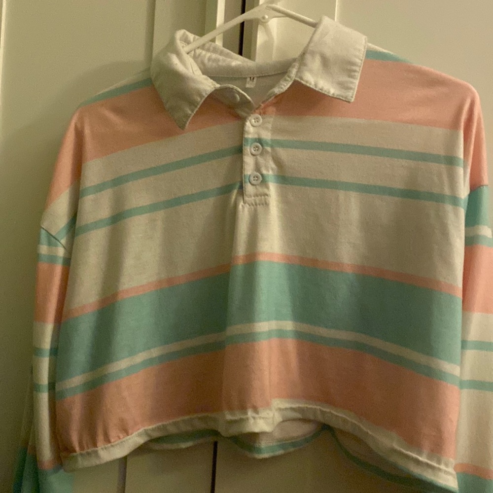 button down long sleeved multip colored striped crop top